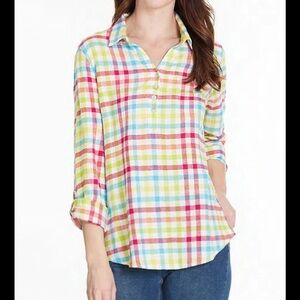 Multiples Plaid Linen Blend Top Women’s Medium Roll Tab Button Up Multicol